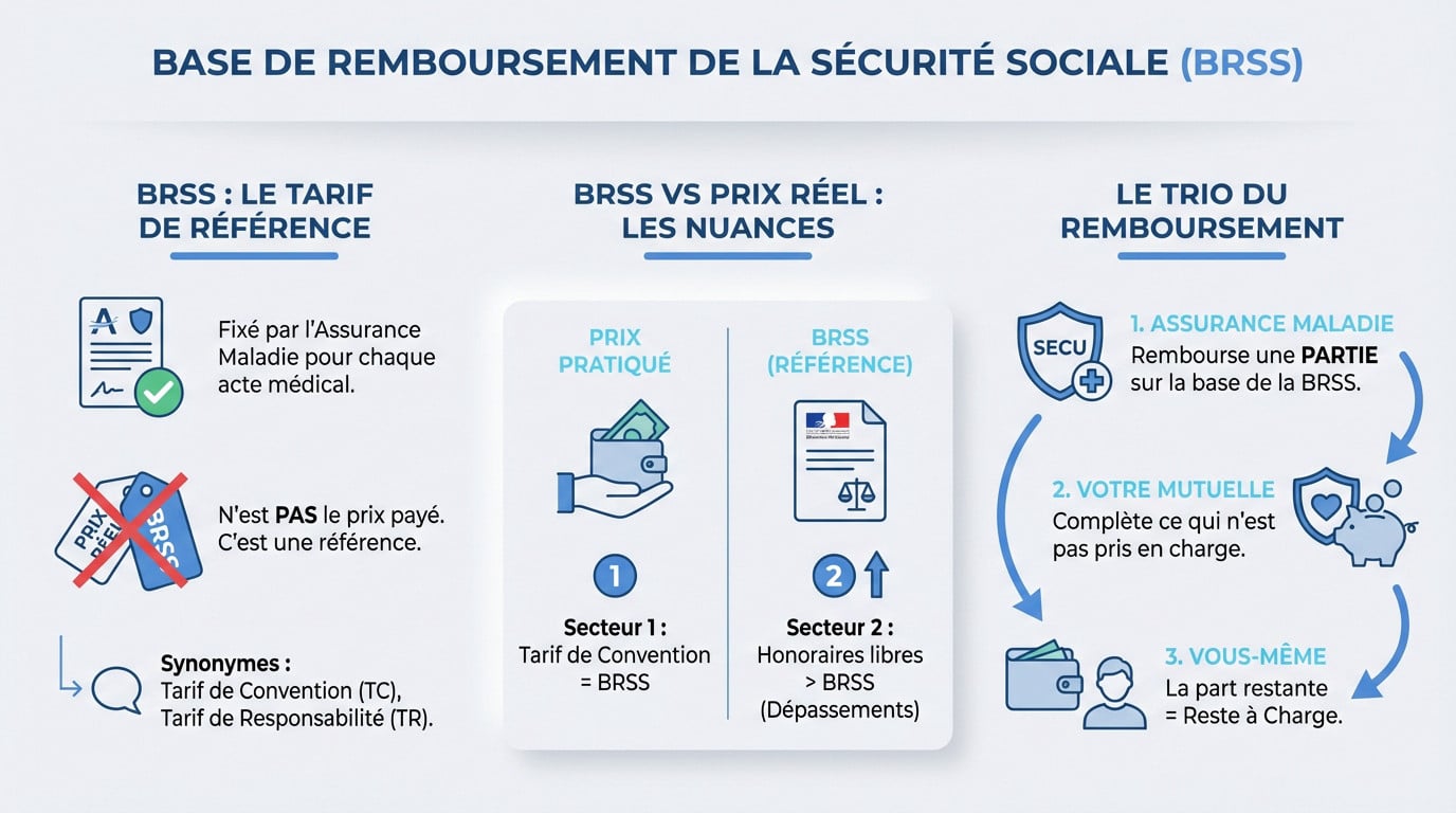 Base de remboursement BRSS : le tarif de référence de l'Assurance Maladie Illustration des pièces de monnaie et d'un stéthoscope expliquant la base de remboursement de la sécurité sociale