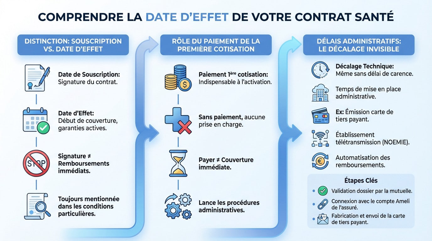 Calendrier illustrant la différence entre date de signature et prise d'effet d'une mutuelle santé