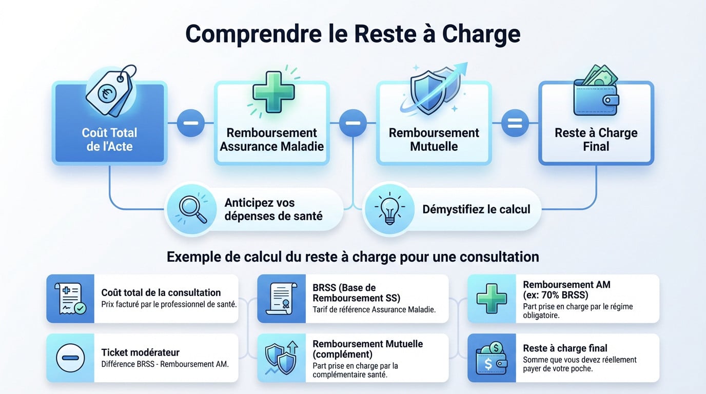 Schéma explicatif des composantes du reste à charge : sécurité sociale, mutuelle et part assuré