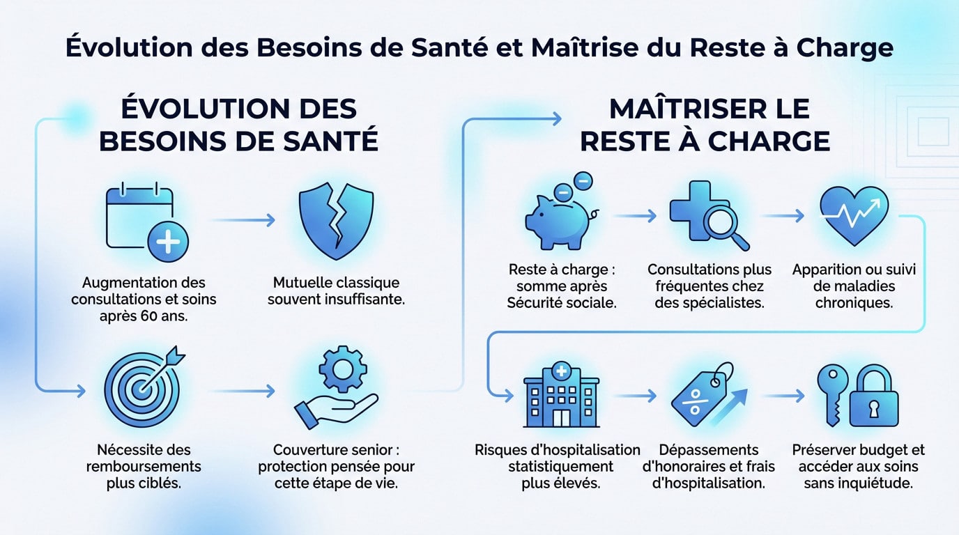 Graphique illustrant l'augmentation des dépenses de santé après 60 ans et l'impact sur le reste à charge