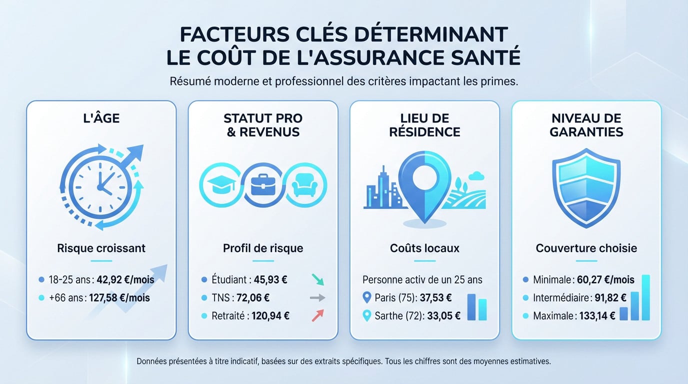 Schéma illustrant les facteurs influençant le prix d'une mutuelle santé : âge, localisation et niveau de garantie