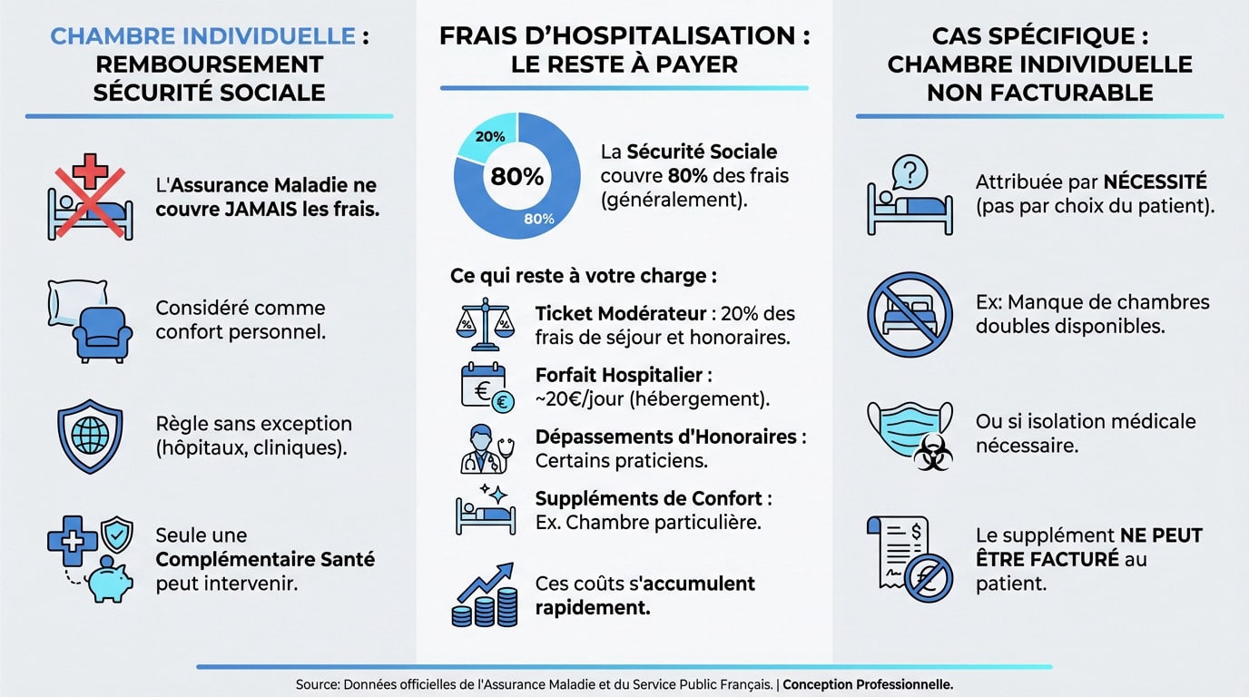 Infographie détaillant les frais d'hospitalisation et le coût d'une chambre individuelle non remboursée par la Sécu
