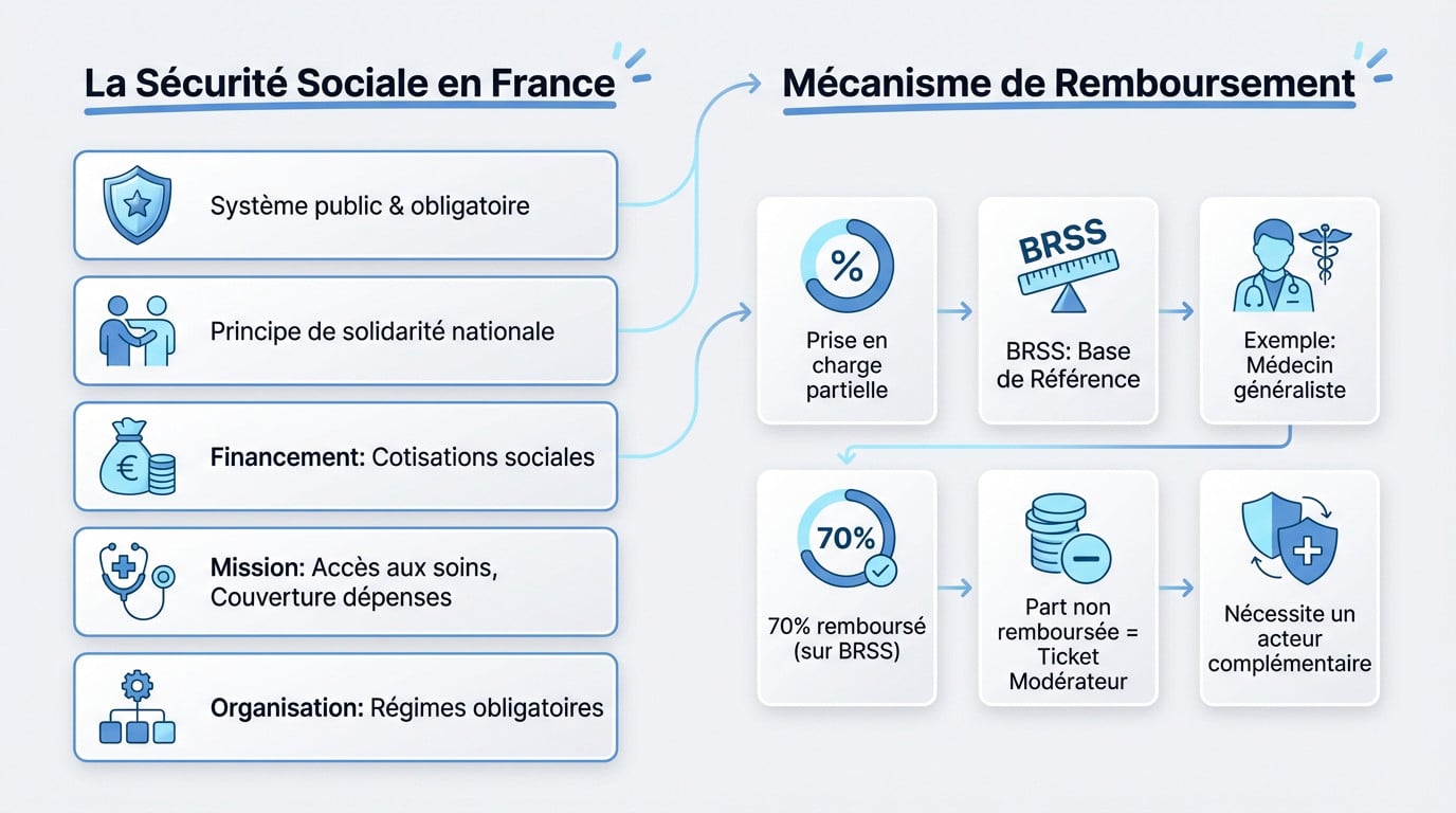 Infographie expliquant le remboursement de la Sécurité sociale et le rôle de la mutuelle en France