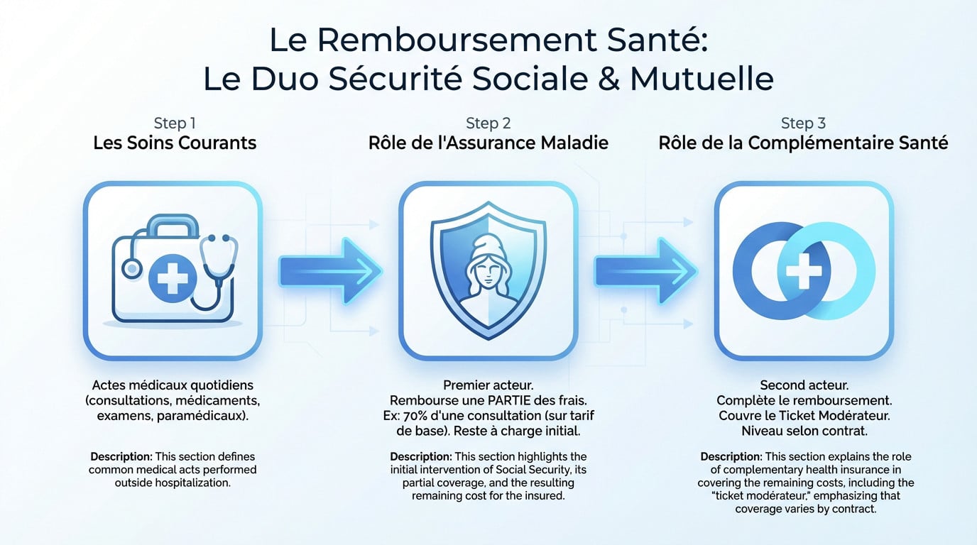 Schéma explicatif du remboursement des soins par la Sécurité Sociale et la mutuelle