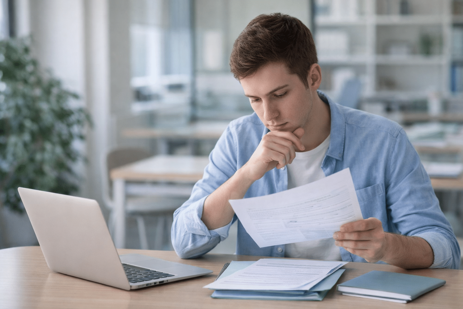 Étudiant consultant des documents liés à sa couverture santé pendant ses études.