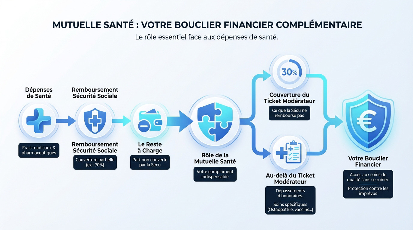 Schéma illustrant la mutuelle santé comme un bouclier financier complémentaire à la Sécurité sociale