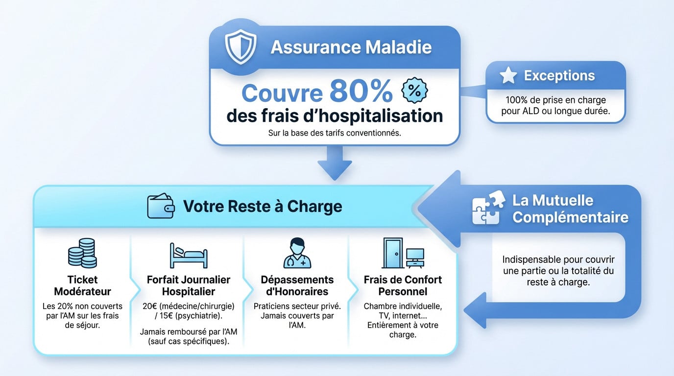 Schéma explicatif de la prise en charge des frais d'hospitalisation entre la Sécurité sociale et la mutuelle