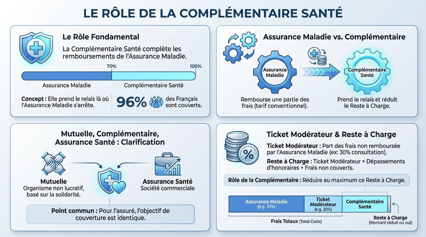 Schéma explicatif du rôle de la complémentaire santé et de l'articulation avec la Sécurité sociale