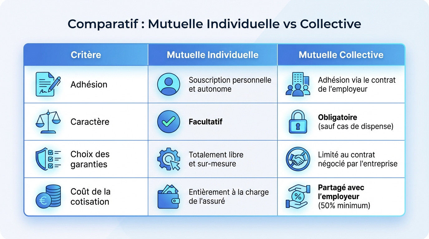 Schéma comparatif illustrant les différences entre mutuelle individuelle et collective