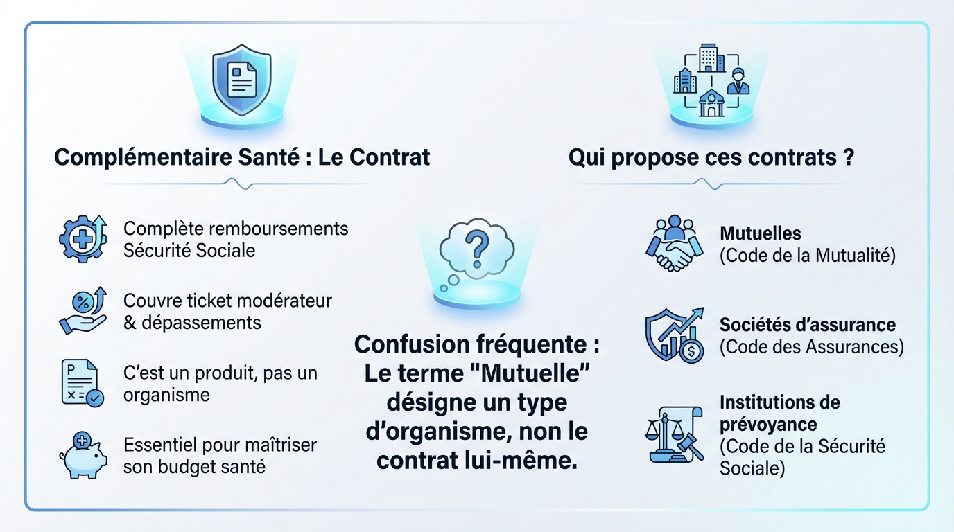 Schéma illustrant la distinction entre l'organisme mutuelle et le contrat de complémentaire santé