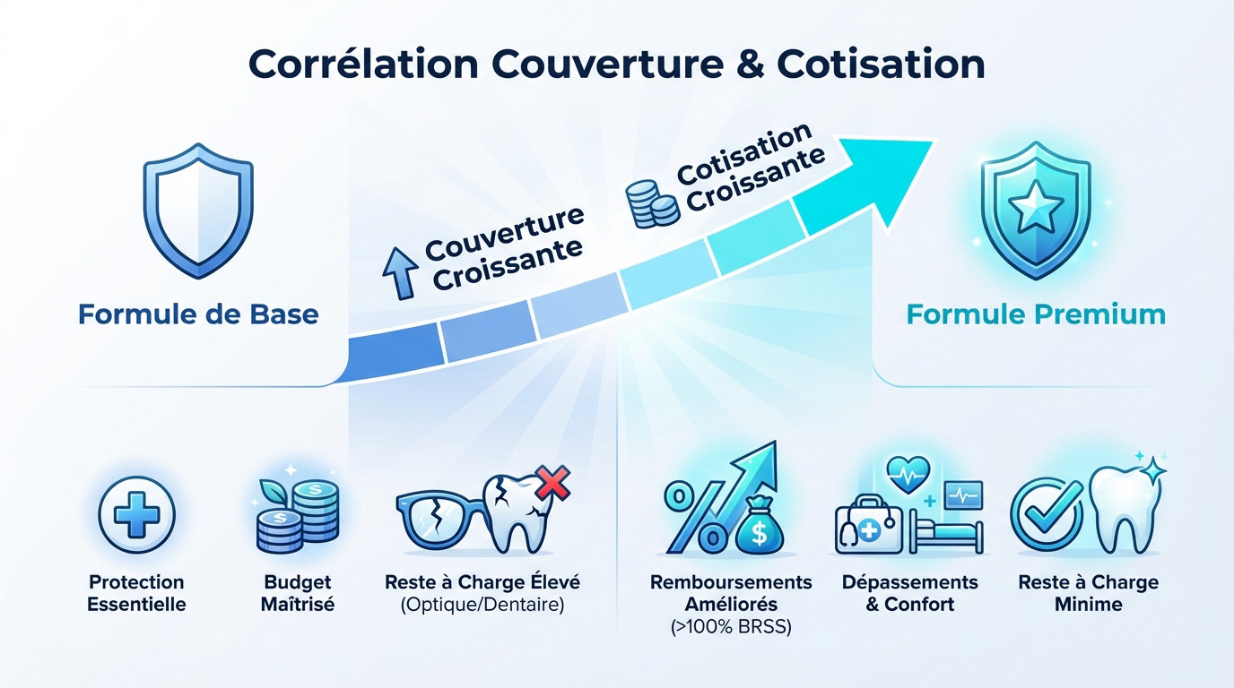 Graphique montrant la corrélation entre le niveau de couverture santé et le montant de la cotisation