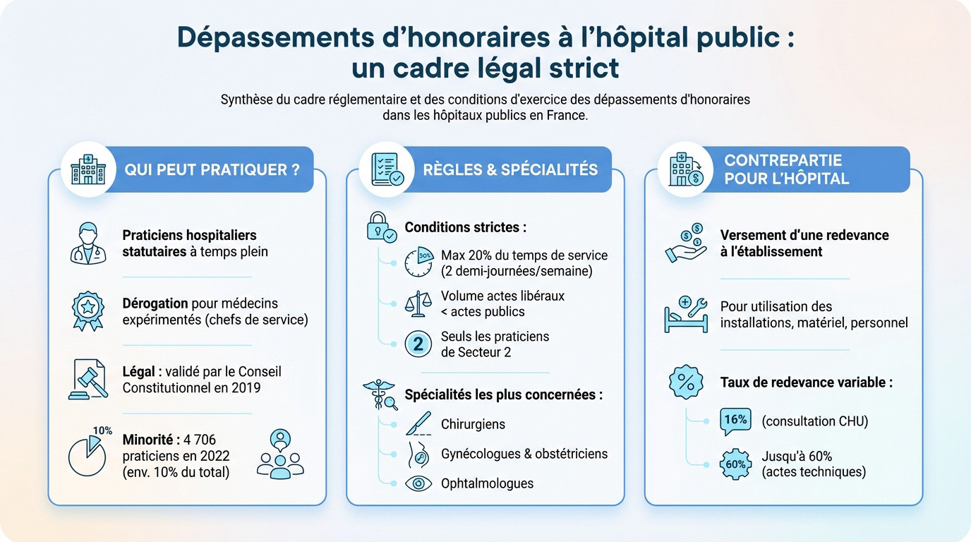 Médecin à l'hôpital public consultant un dossier médical, illustrant le cadre strict des dépassements d'honoraires
