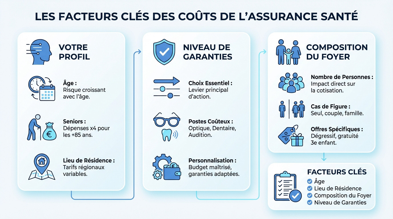 Schéma illustrant les principaux facteurs influençant le coût d'une mutuelle santé : âge, résidence, garanties et composition du foyer