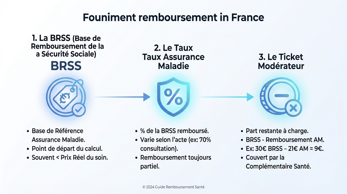 Schéma explicatif du fonctionnement du remboursement santé en France incluant la Sécurité sociale et la mutuelle