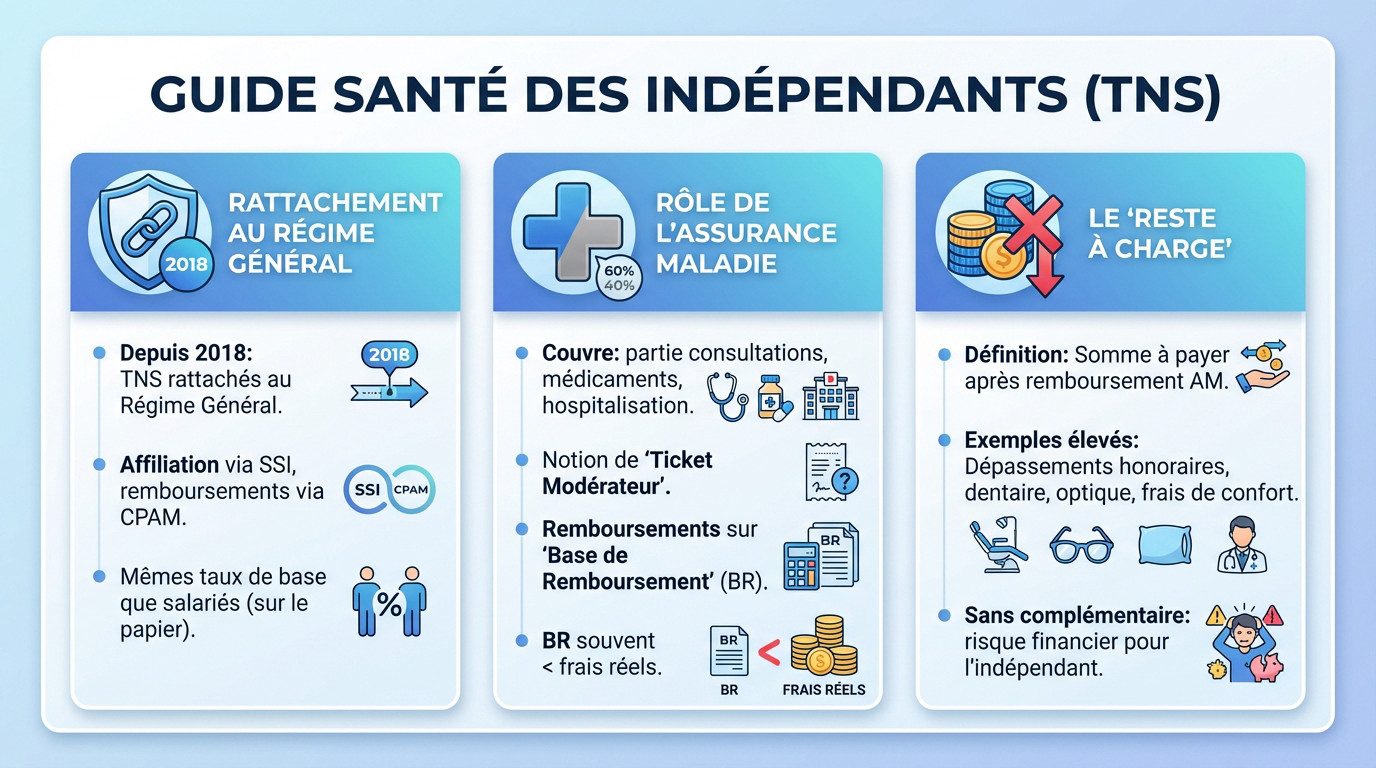 Schéma explicatif de la protection sociale et santé pour les travailleurs indépendants TNS