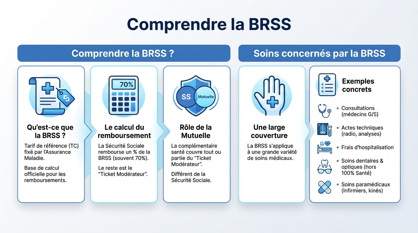 Infographie explicative détaillant le fonctionnement de la Base de Remboursement de la Sécurité Sociale (BRSS) et la part de la mutuelle
