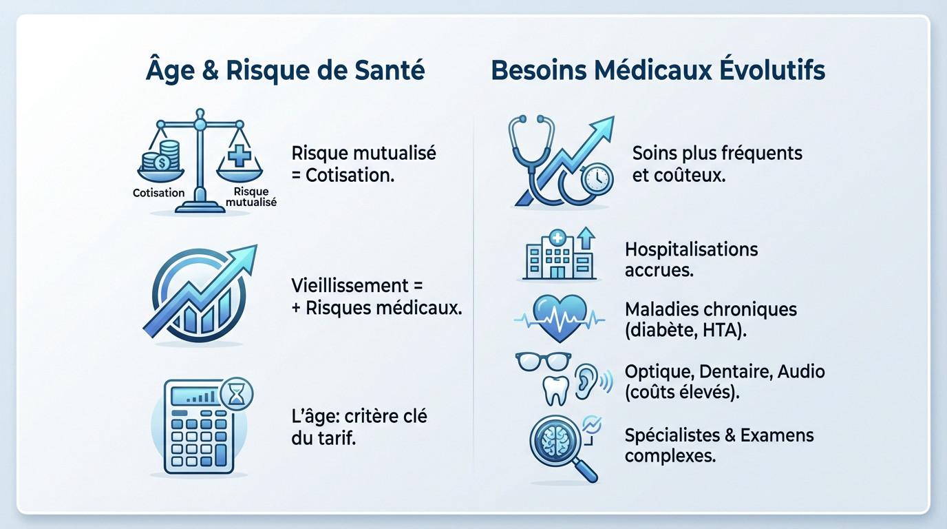 Infographie illustrant la corrélation entre l'augmentation de l'âge et le coût de la mutuelle santé