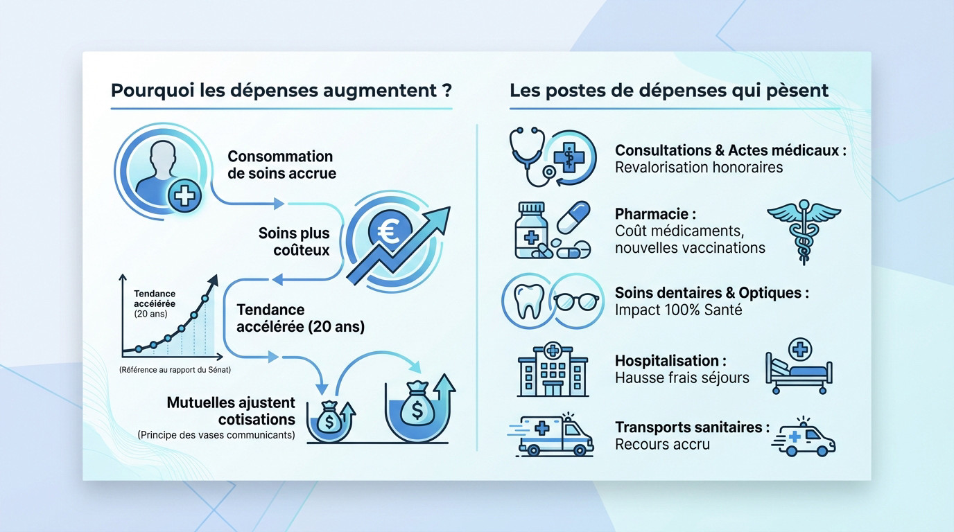 Graphique illustrant la hausse des dépenses de santé impactant les mutuelles