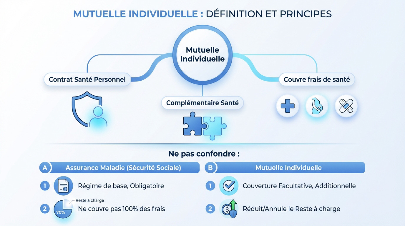 Schéma explicatif du fonctionnement d'une mutuelle individuelle et son articulation avec la Sécurité sociale
