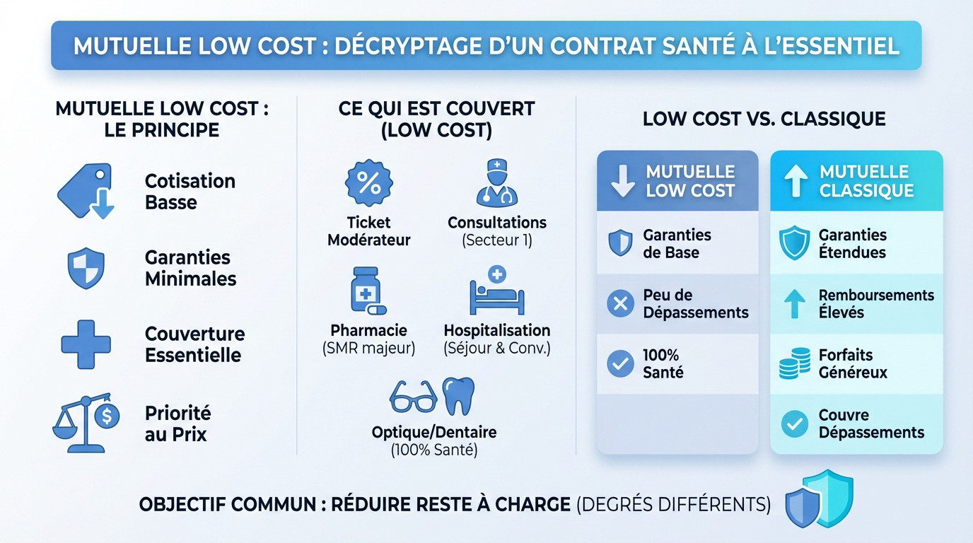 Illustration d'une mutuelle low cost : décryptage d'un contrat santé à l'essentiel