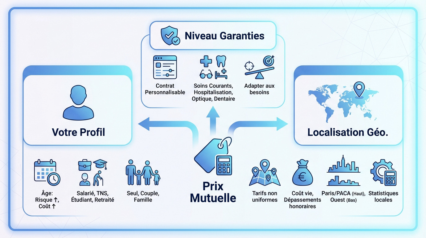 Graphique illustrant les facteurs de variation du prix d'une mutuelle : âge, garanties et zone géographique