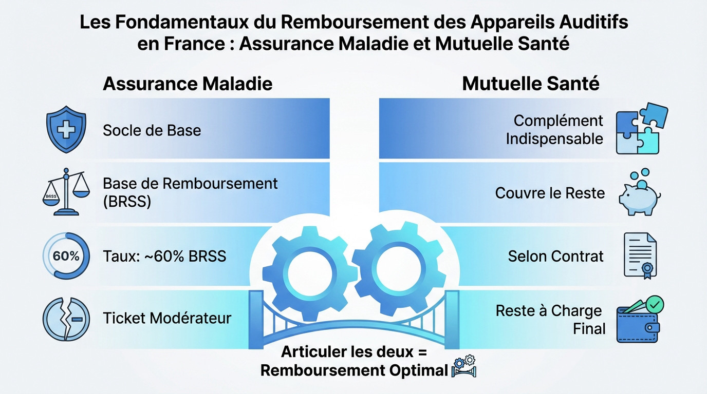 Schéma explicatif du remboursement des appareils auditifs en France incluant la Sécurité sociale et la mutuelle