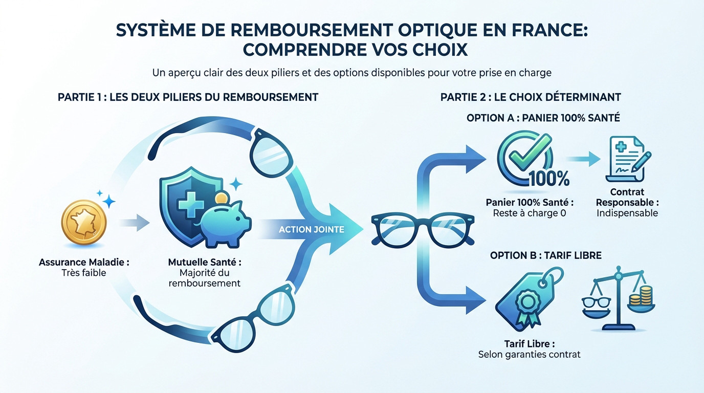 Schéma explicatif du système de remboursement optique en France distinguant le 100% Santé du tarif libre