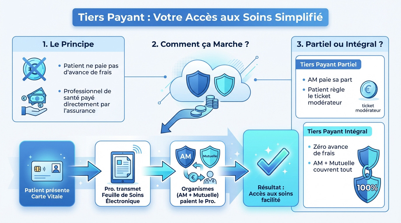 Illustration du tiers payant montrant la simplification de l'accès aux soins sans avance de frais