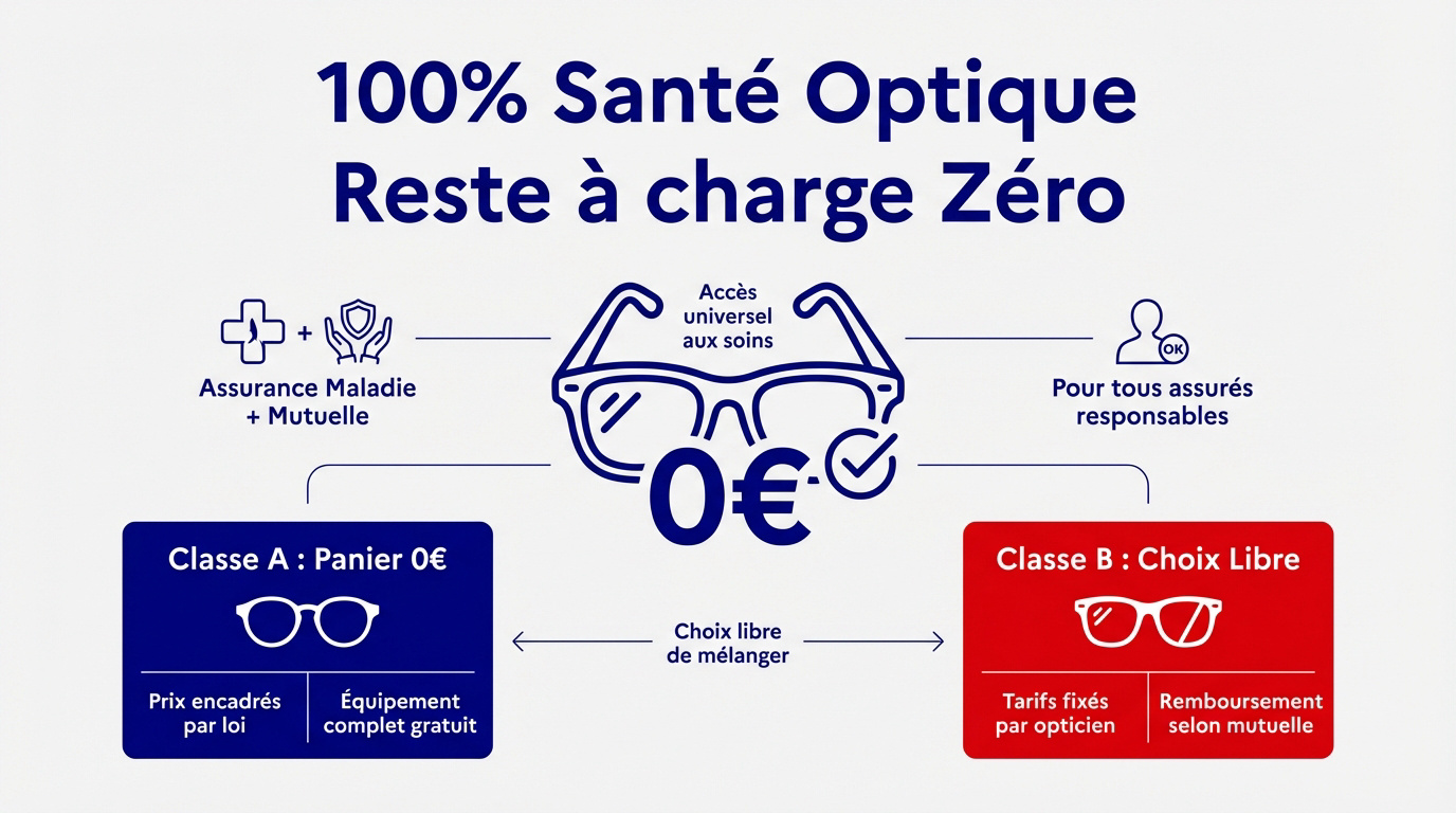 Infographie expliquant le dispositif 100% Santé optique et le reste à charge zéro pour l'assuré