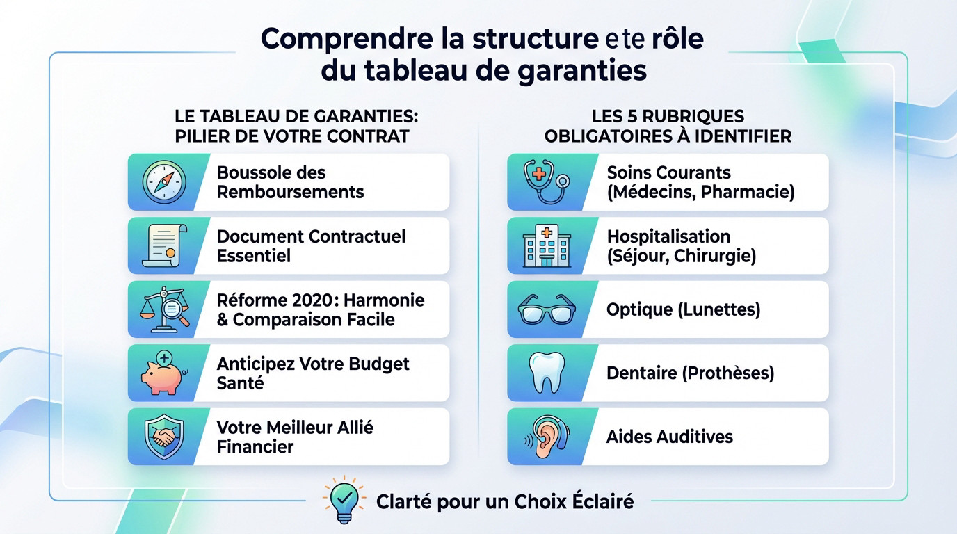 Structure d'un tableau de garanties de mutuelle santé expliquée