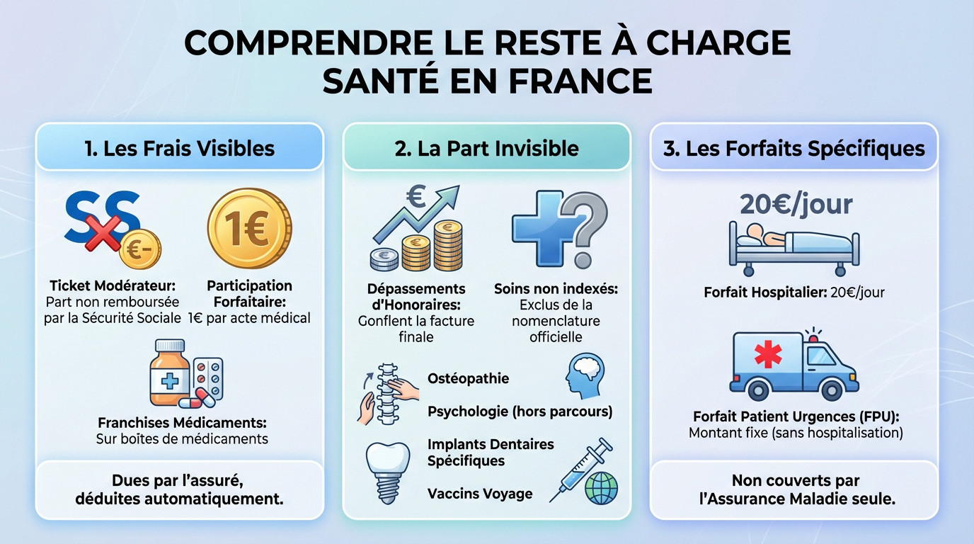 Graphique illustrant la composition du reste à charge santé : ticket modérateur, franchises et dépassements d'honoraires