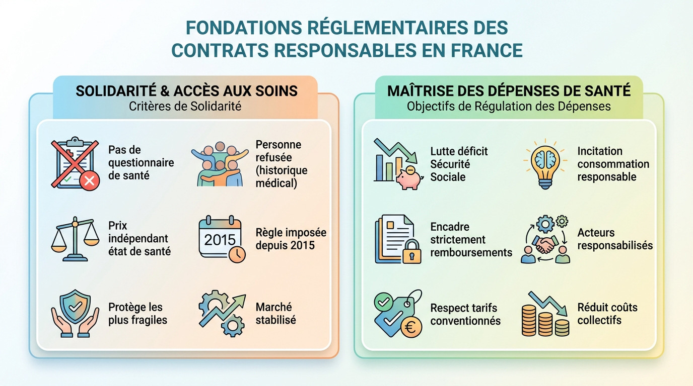 Schéma explicatif des fondements réglementaires et du cadre légal d'un contrat de mutuelle responsable en France