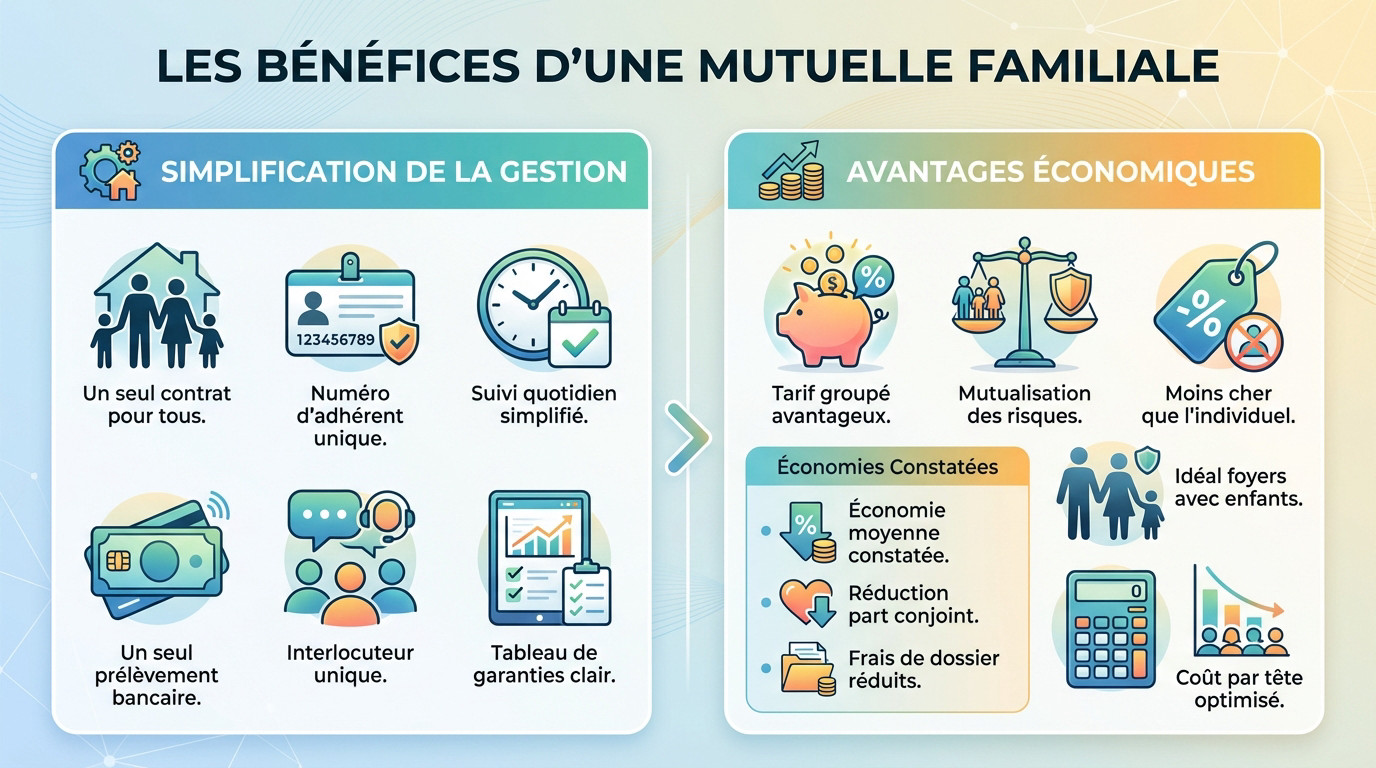 Famille réunie illustrant les avantages d'une mutuelle santé groupée