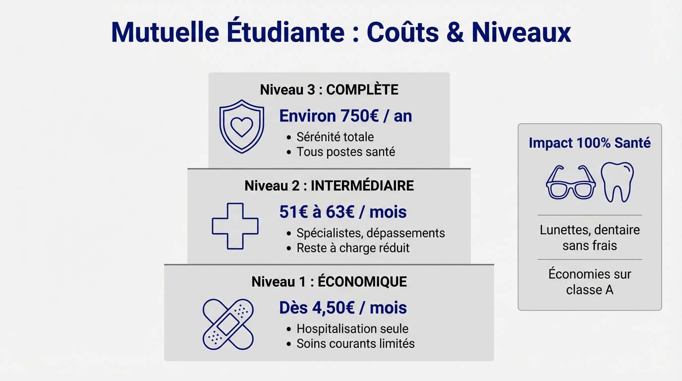 Graphique des tarifs moyens d'une mutuelle étudiante selon le niveau de garantie