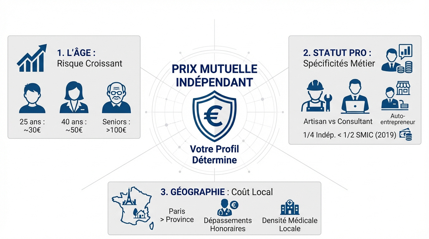Graphique illustrant l'évolution du prix de la mutuelle pour indépendant selon l'âge et le statut