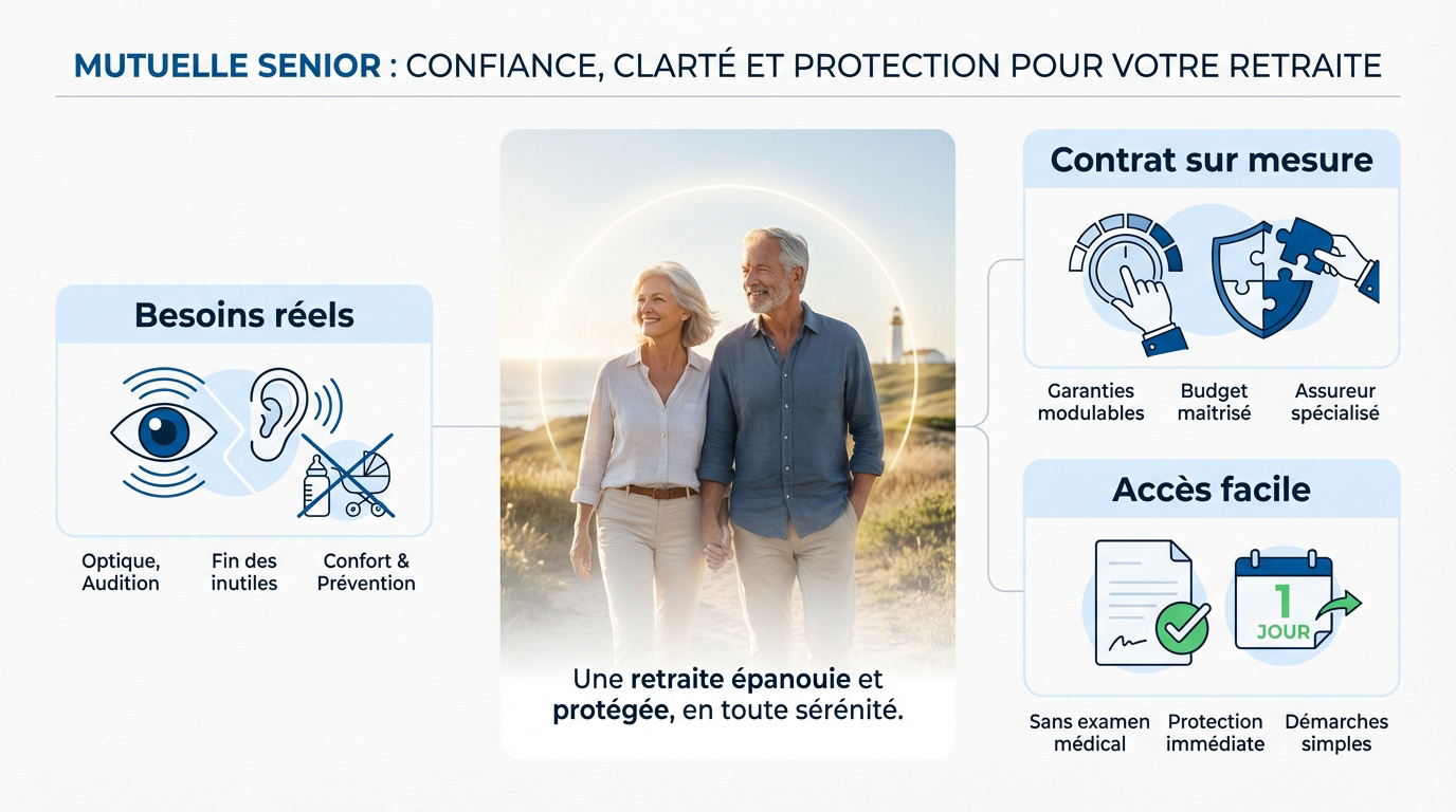 Un couple de seniors sereins discutant de leur nouvelle mutuelle santé individuelle