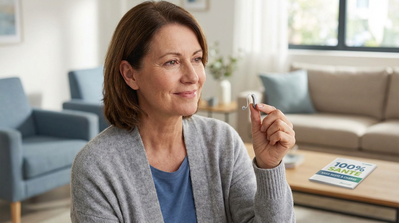 Femme d'âge mûr souriante tient une audioprothèse. Brochure "100% Santé" sur table basse dans un salon moderne.