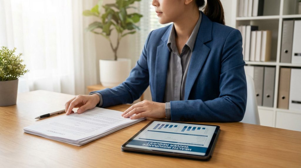Une femme en blazer examine des documents et un formulaire de demande de dispense de mutuelle sur tablette, dans un bureau moderne.