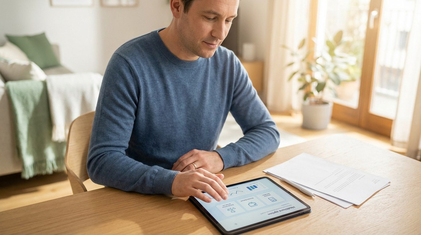 Un homme en pull bleu gère sa mutuelle santé et cherche des aides financières sur une tablette, assis à une table en bois.