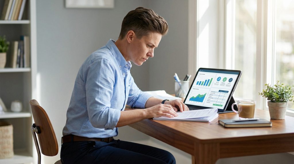 Une personne indépendante concentrée, assise à un bureau, examinant des documents et un tableau de bord sur tablette.