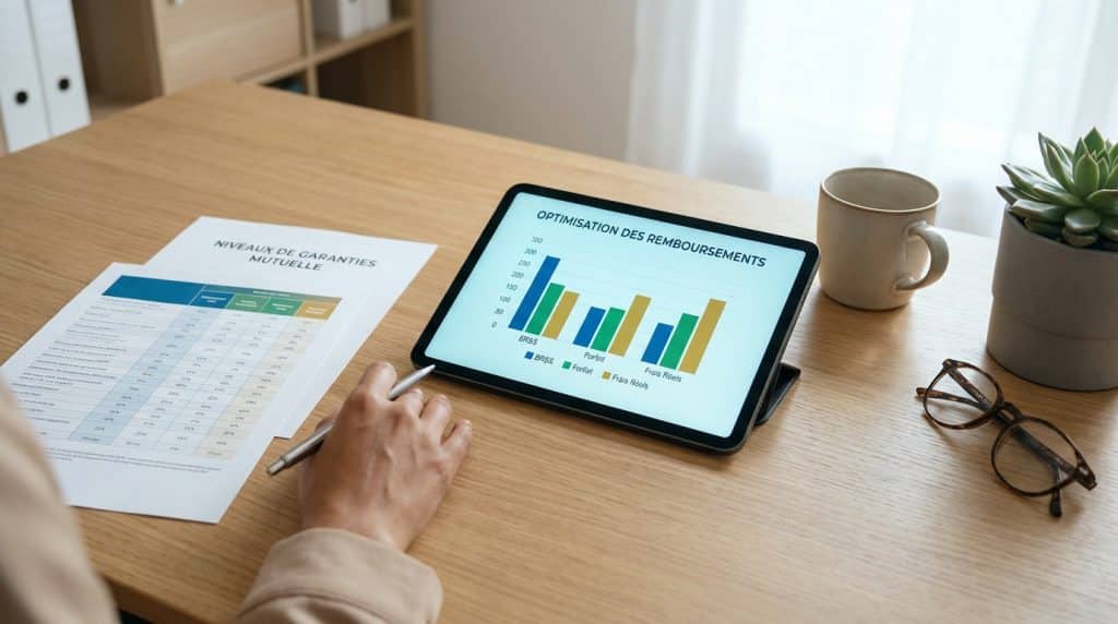 Une personne analyse les garanties mutuelle sur un document et un graphique d'optimisation des remboursements sur tablette.