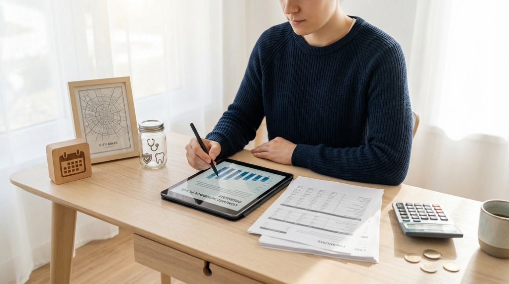 Une personne compare des plans d'assurance santé sur une tablette, avec des documents, une calculatrice et des symboles médicaux.