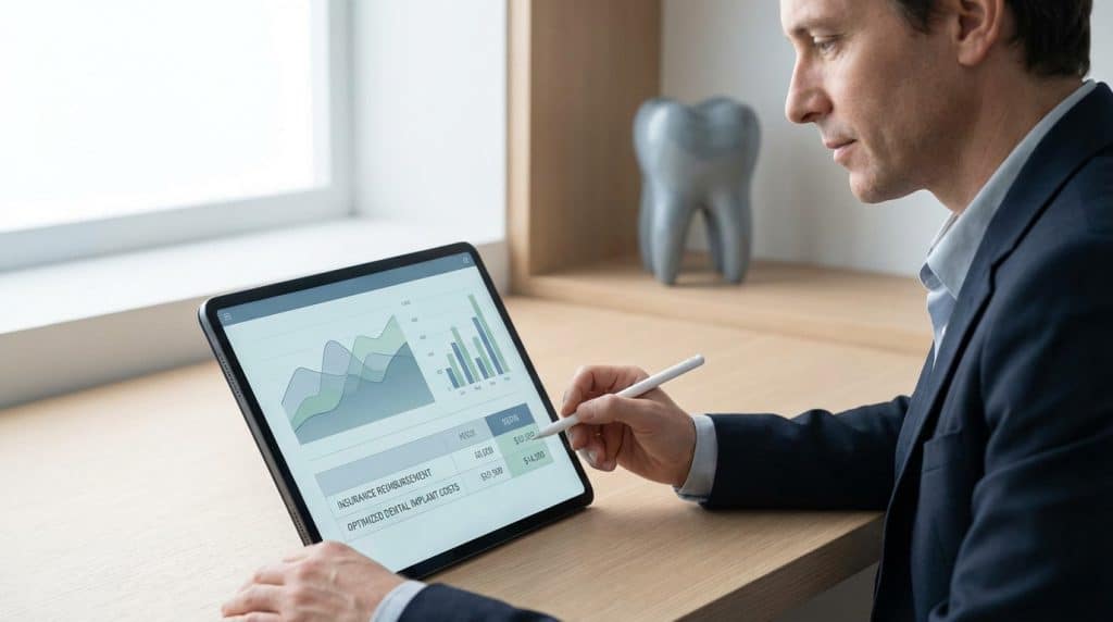 Homme analysant sur tablette des données de remboursement d'implants dentaires, avec une dent décorative en arrière-plan.