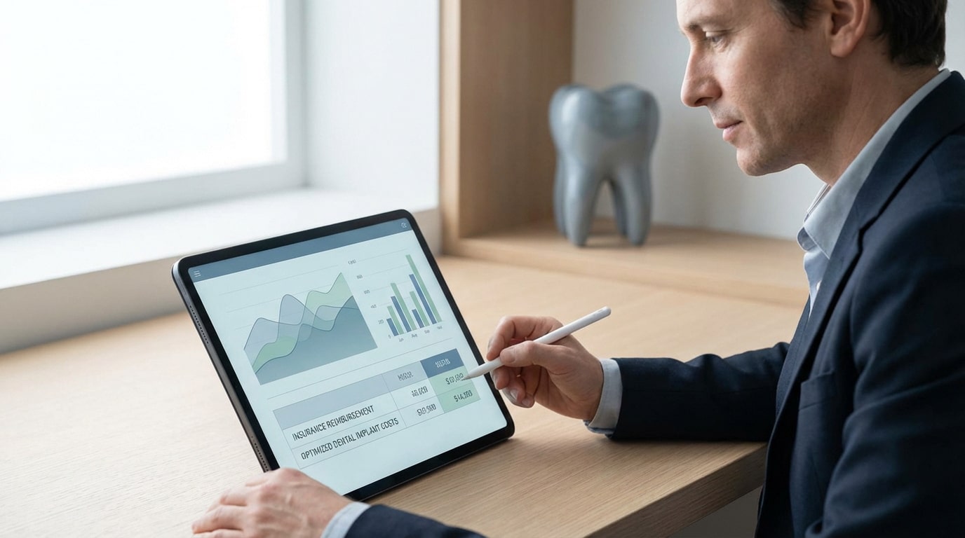 Homme analysant sur tablette des données de remboursement d'implants dentaires, avec une dent décorative en arrière-plan.