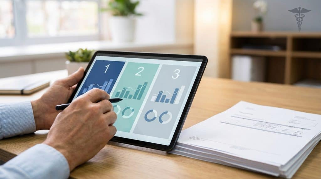 Personne analysant des données financières sur une tablette, affichant des graphiques et des chiffres, avec des documents papier. Symbole médical visible.
