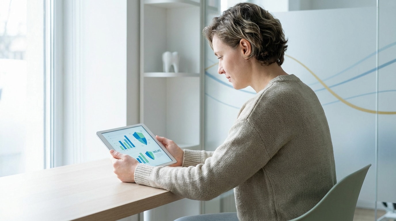 Femme concentrée analysant des graphiques sur tablette pour sa mutuelle dentaire, avec une dent décorative en arrière-plan.
