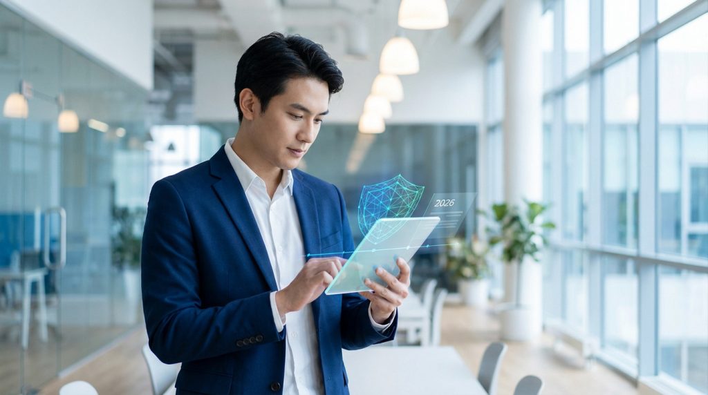 Jeune homme en costume utilise une tablette holographique affichant un bouclier et l'année 2026, symbolisant la protection future.