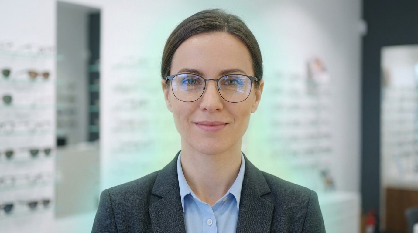 Femme souriante aux cheveux bruns et lunettes, portant un blazer, dans un magasin d'optique flou.
