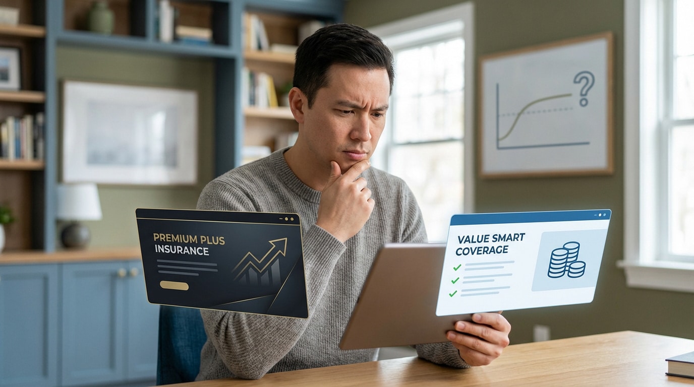 Homme pensif comparant deux offres d'assurance mutuelle, l'une premium et l'autre économique, affichées sur des écrans flottants.