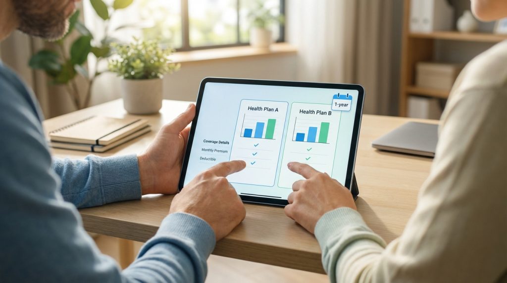 Deux personnes examinent des détails de mutuelle santé sur une tablette, comparant les plans A et B avec graphiques et primes.
